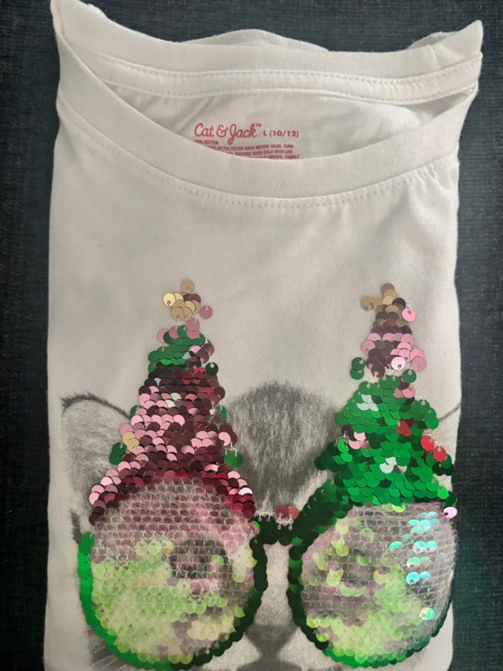 Cat & Jack White Long Sleeve Tee with Green and Pink Sequin Glasses - Picture 7 of 8